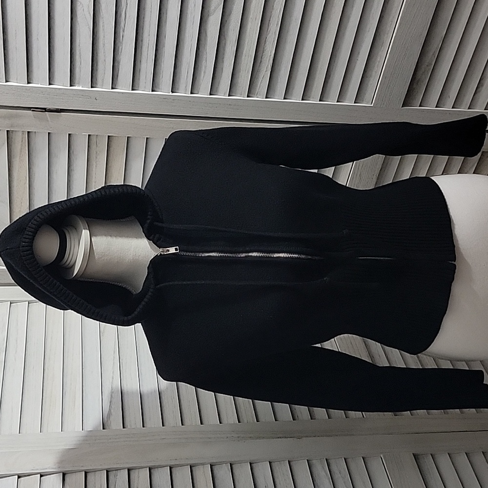 Orange Kiss Black Ribbed Cropped Knit Hoodie Zipper Cardigan